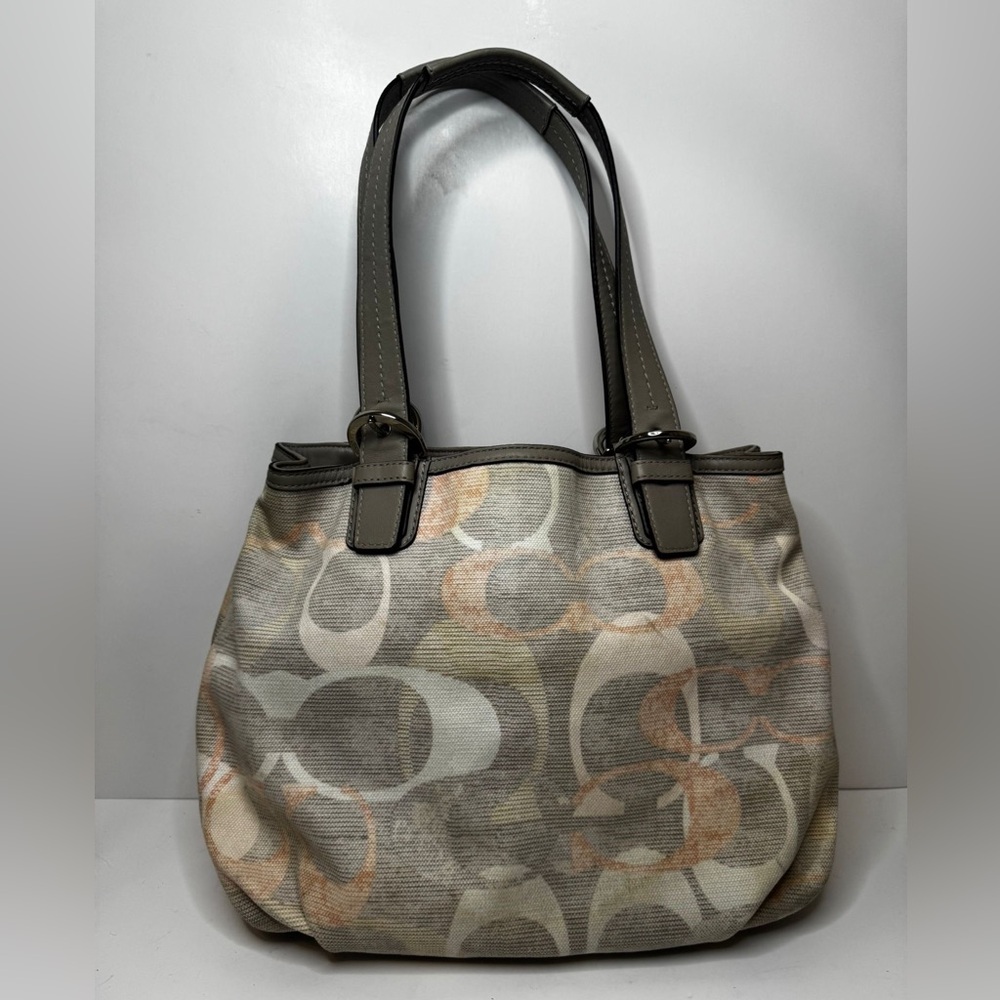 Coach North South Optic Linen Hobo Bag Gray Tan Peach Ivory